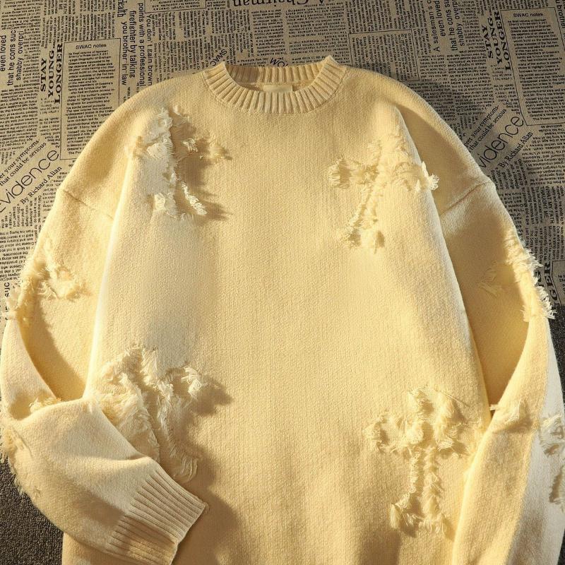 Autumn and Winter Men and Women Long Sleeve Sweater Round Neck Pullover Streetwear Men Retro Hole Fringed Sweater Loose Versatile Sweater