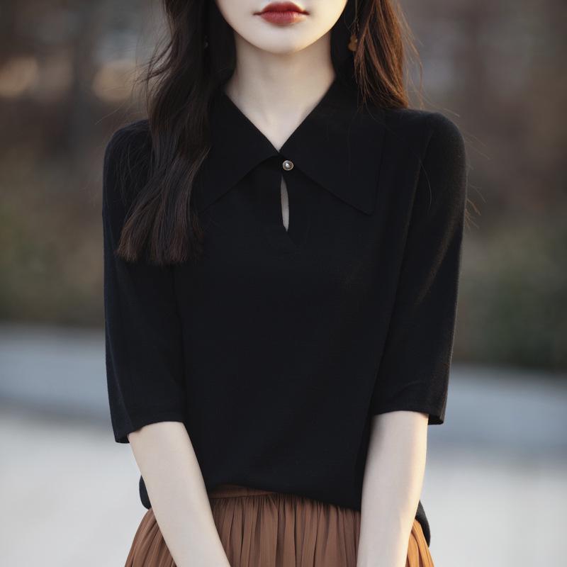 Women's 80s Merino Wool Mid-Sleeve Sweater – Thin, Loose, Turn-Down Collar Top