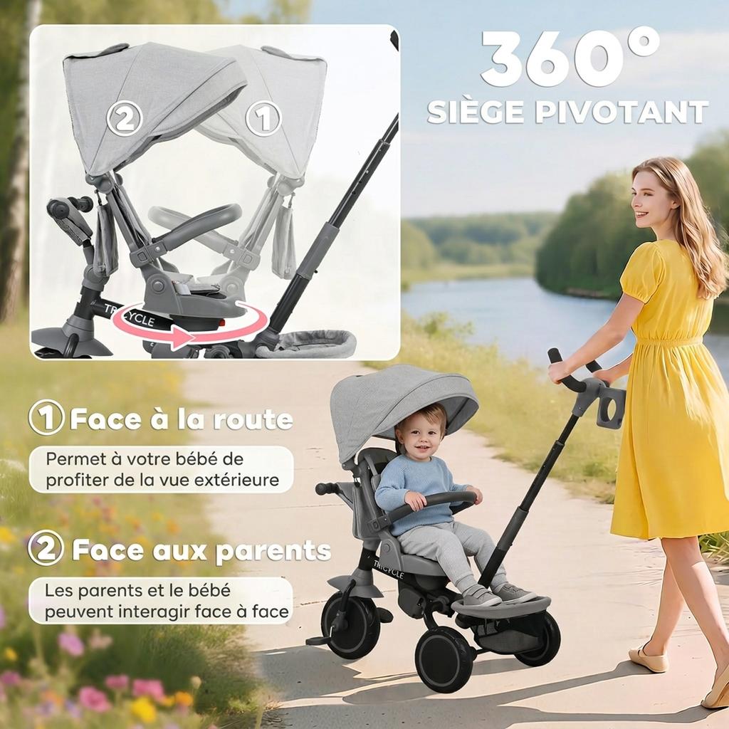 6-in-1 Umbaubares Baby-Dreirad, Faltbar, Verstellbarer Elternschiebegriff, 360° Schwenksitz, Grau