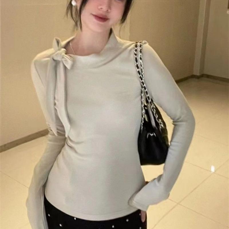 

Футболка с длинными рукавами и завязками-бабочками из немецкого бархата для женщин на весну и осень, утягивающая, с высоким воротником, базовый топ, женские футболки XL белый