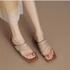 Fashion Women's New Spring/Summer Square Head Casual and Comfortable Medium Heel Large Metal Accessories Truffle Toe Beach Slippers