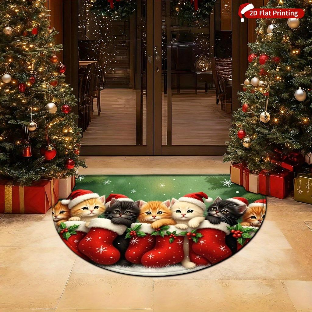 1Pcs Cute Christmas Cat Semi Circle Welcome Doormat Non-Slip for Outdoor Patio Porch Kitchen Bathroom Entryway Floor Mat