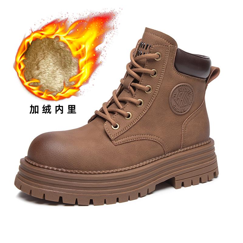 Autumn and Winter New Short Boots Thick-soled Versatile Leather Velvet Rhubarb Boots Martin Boots Women's Tooling Boots