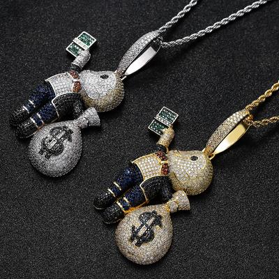 European and American Hip Hop Pendant Hand Held US Dollar Bill Bald Little Boy Beautiful Money Bag Micro Inlaid Colorful Zircon Necklace