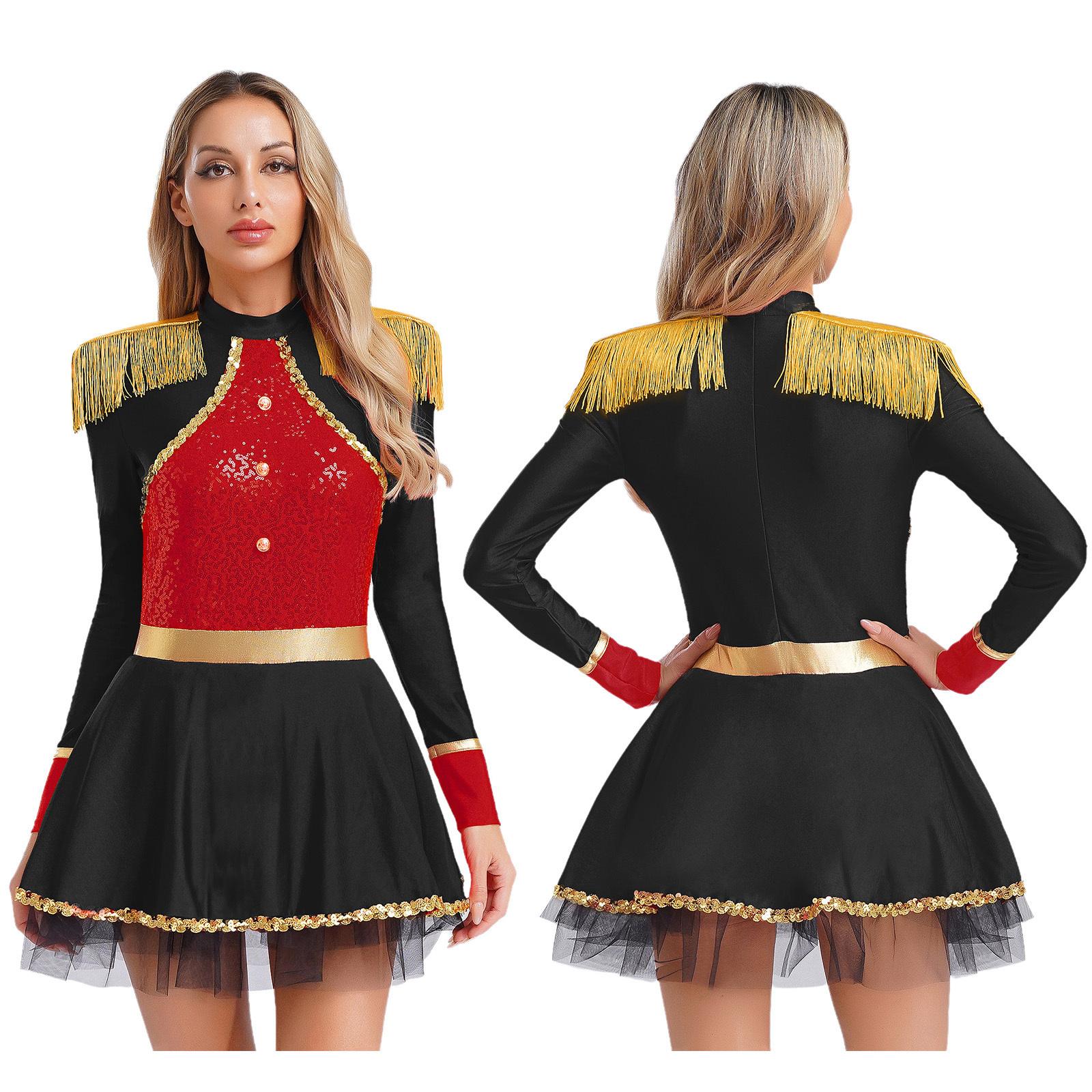 

Complete Circus Ringmaster Costume for Women S-XXL: Sequin Bodysuit Dress with Dramatic Fringe Shoulders, Halloween Outfit S чорний