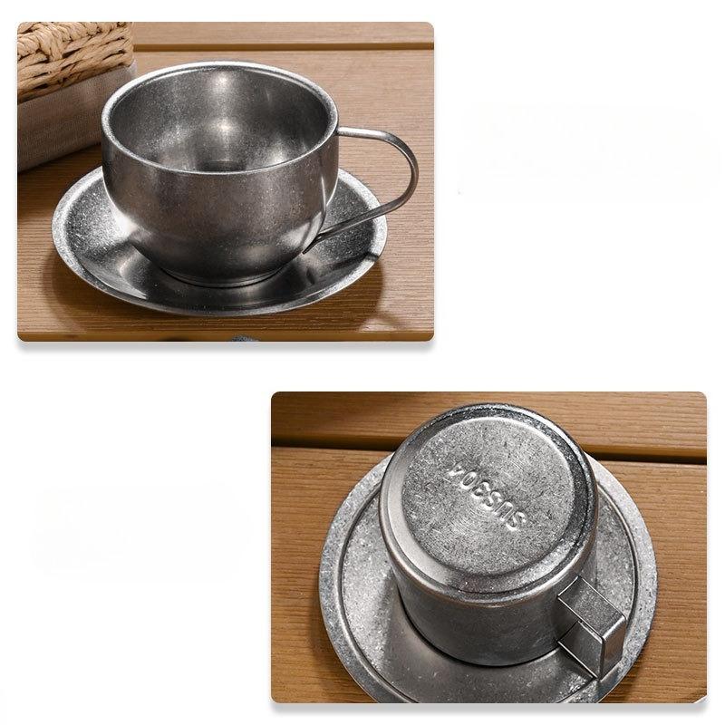 BR304 Stainless Steel Coffee Cup Retro Double-layer Heat-resistant Mug Silver Coffee Cup Afternoon Tea Cups and Saucer Set TeacupEY