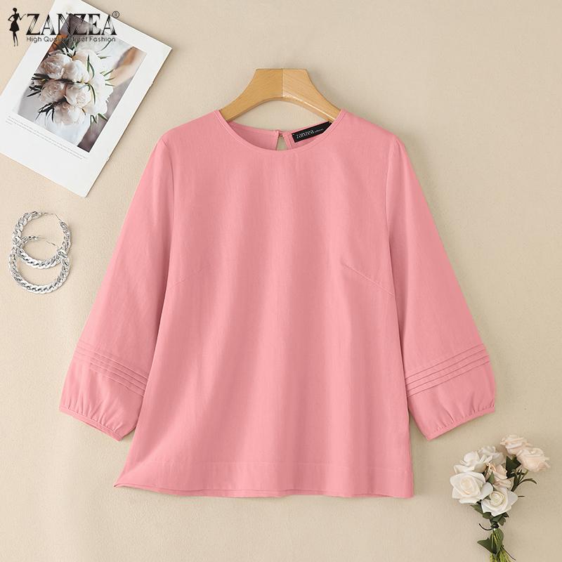 ZANZEA Women Casual Round Neck Solid Color 3/4 Sleeve Blouse