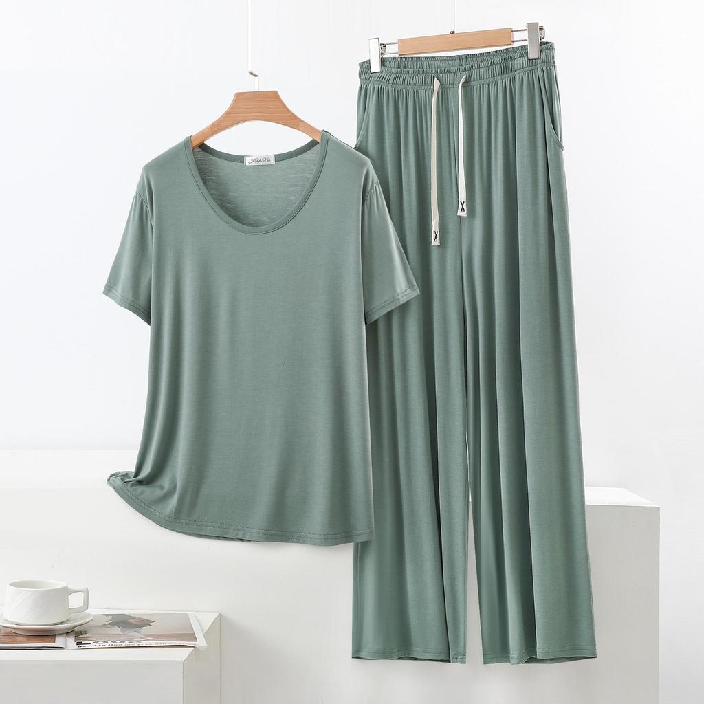 Set Pigiama Estivo da Donna in Modal - Manica Corta, Pantaloni Lunghi a Gamba Larga, Taglie Forti, Abbigliamento Casual e da Esterno