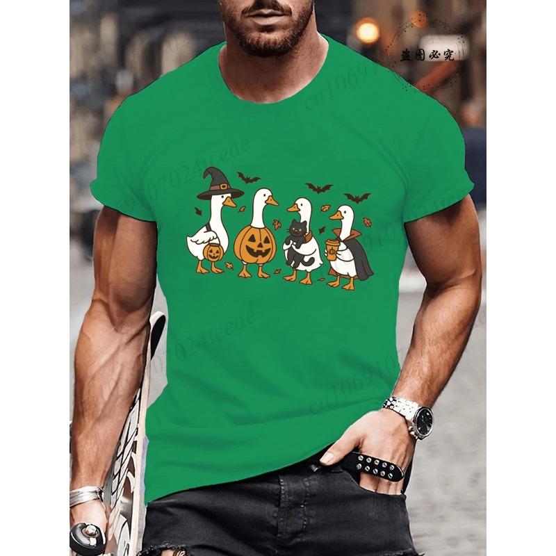 Summer Round Neck Halloween Ghost & Goose Graphic 3D Print T-shirts Fashionable Casual Short Sleeved Men's T-shirts