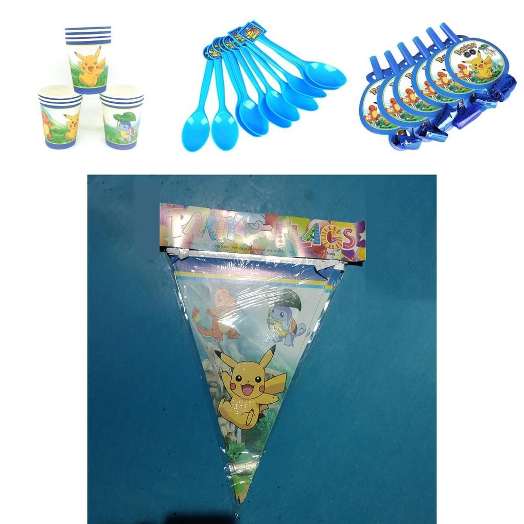 Set Completo Festa Pokémon Pikachu Con Striscioni di Carta Piatti Cappelli Per Decorazioni di Compleanno Bambini