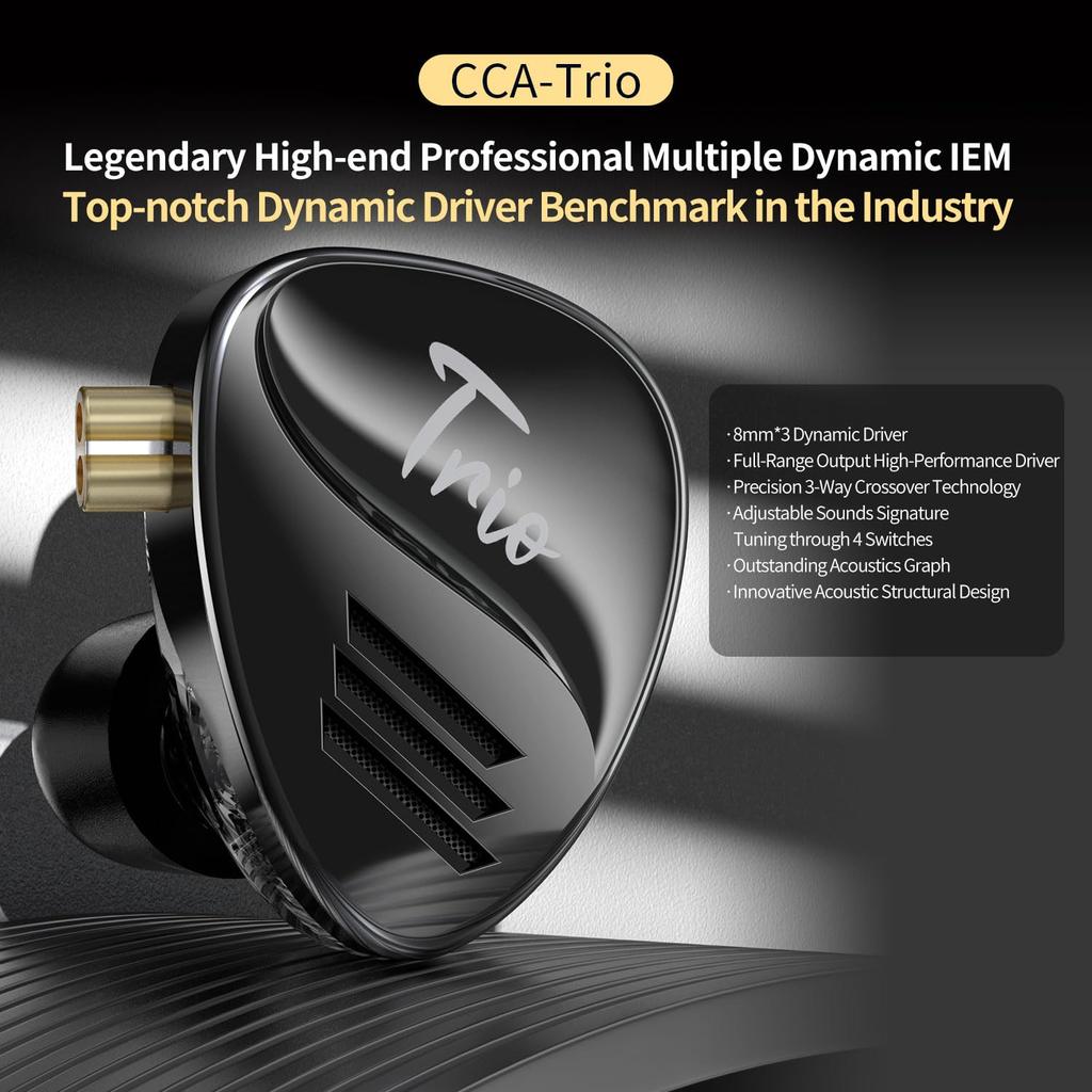 CCA Trio In-Ear Monitors, 8mm 3DD IEMS Earphones with 4 Tuning Switches, HiFi Bass Noise Isolating Earphones, Clarity Stereo Sound Headphones for