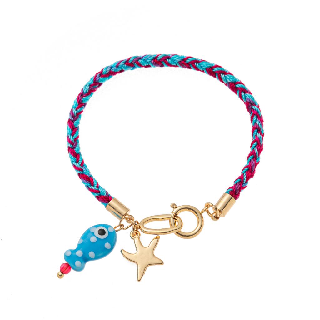 18K gold-plated stainless steel fish and starfish charm colorful woven rope bracelet, summer beach bohemian women's jewelry