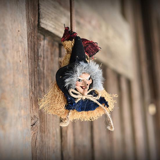 Halloween Witch Broom Pendant Vicious Creepy Old Woman Hanging Hairy Haunted House Rag Door Window Decoration Prop