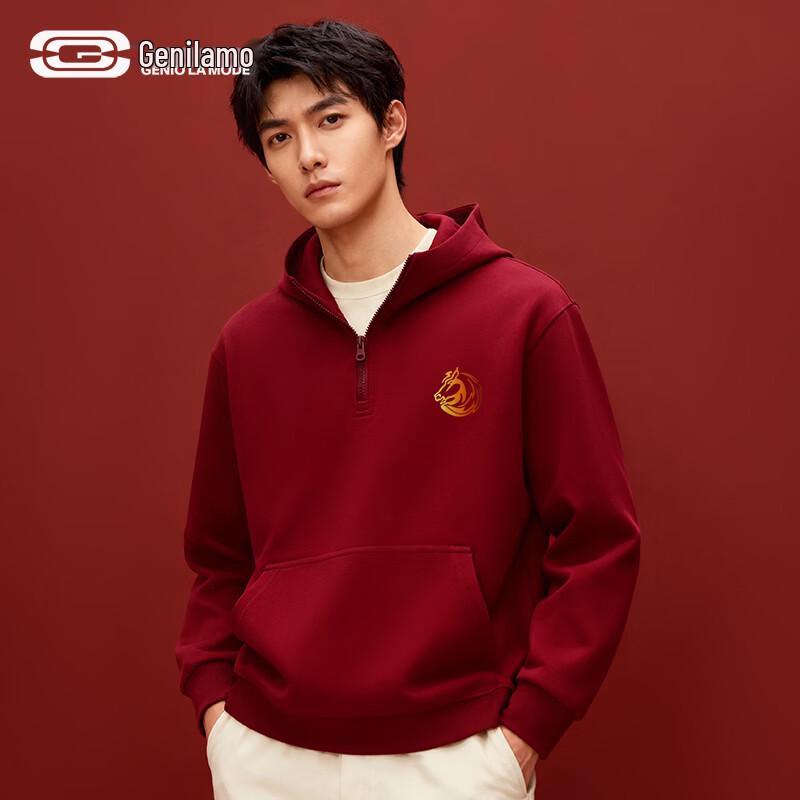 

GENIOLAMODE Unisex Wine Red Half-Zip Hooded Year of the Horse Sweatshirt L