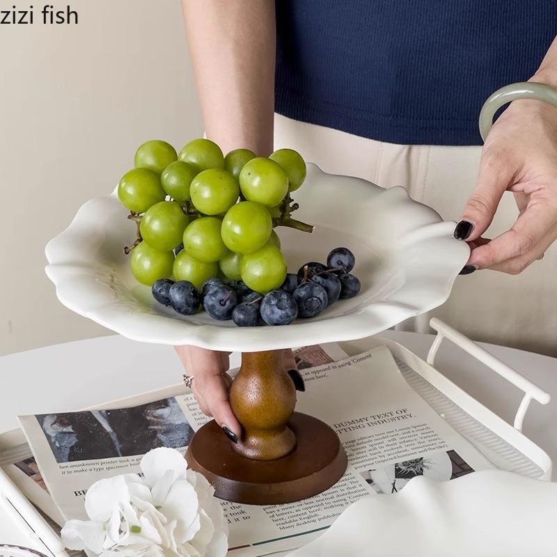 Vintage Simplicity Ceramic Fruit Plate Creative Wood High Foot Snack Plate Afternoon Tea Cake Display Plate Household Products