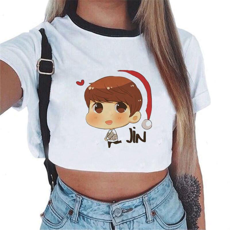 Kpop Bts Bangtan Boys Kortärmad Damtopp Med Söt Figurdesign Perfekt För Sommaren