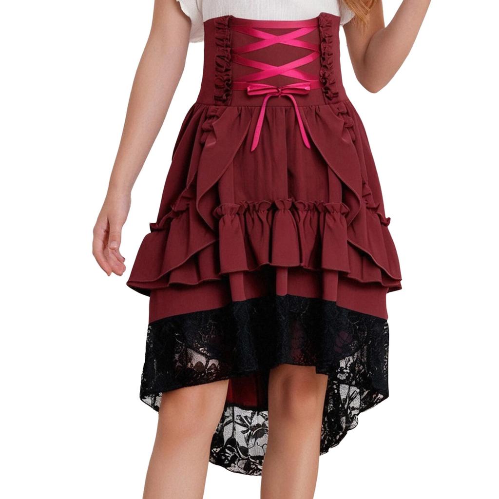 Costume Medievale Rinascimentale per Ragazze Vintage Vittoriano Gonna a Volant Stratificata Vita Alta Allacciatura Gotico Steampunk