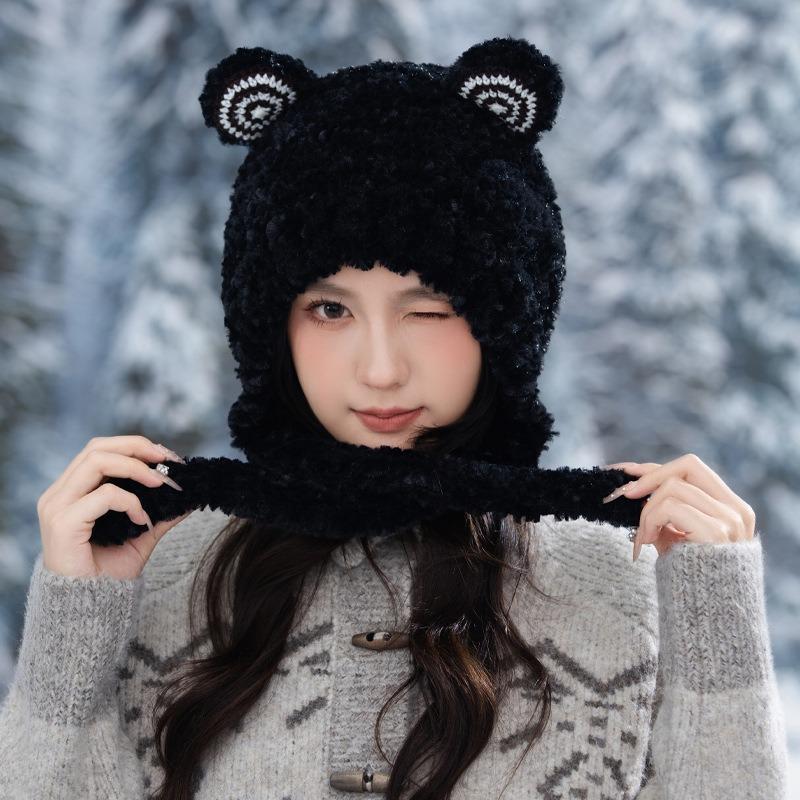 Winter Hat Women's Plush Cute Frog Ears Versatile Lace-up Wool Hat Warm Plush Thickened Headhat
