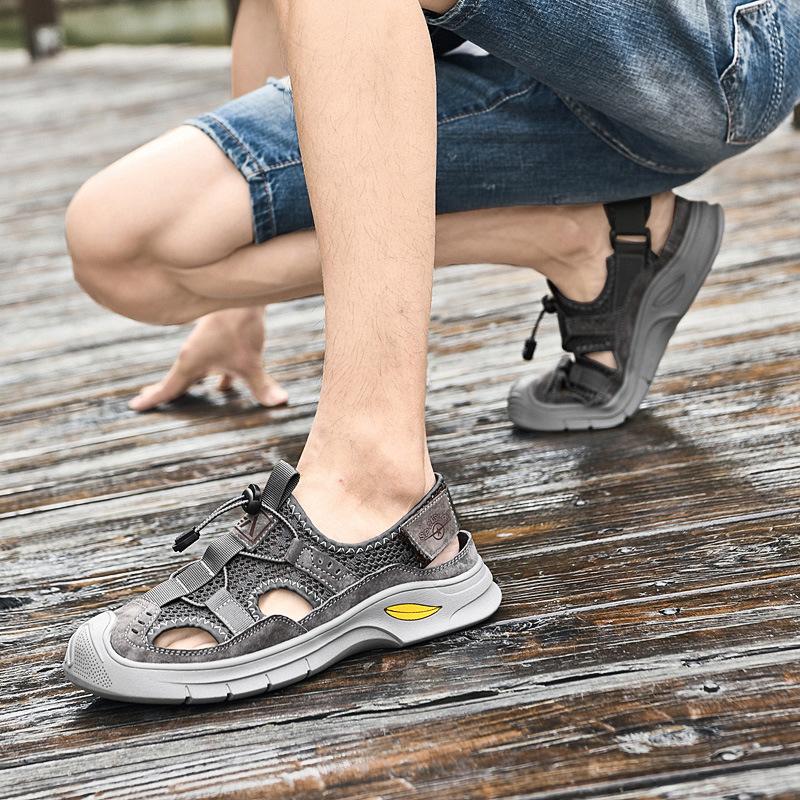 Summer New Mesh Hole Beach Shoes Men's Casual Outer Wear Hollow Breathable Leather Outdoor Sports Sandals