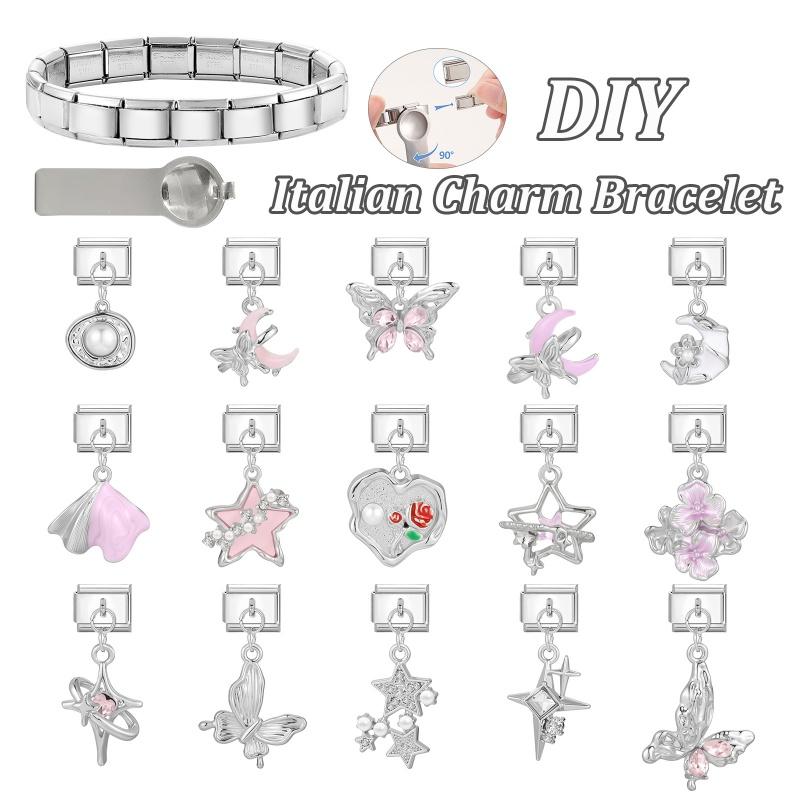 Pink Butterfly Romantic Flowers Heart Star Moon Pendant Italian Charm Links Fit 9mm Bracelet Stainless Steel DIY Making Jewelry