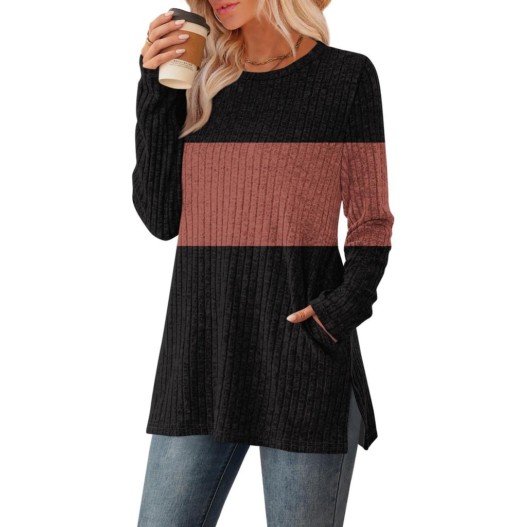 Womens Sweaters Crewneck Long Sleeve Shirts With Pockets Fall Outfits Fashion Winter Clothing Side Slit