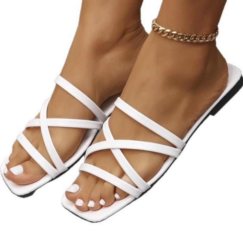Dames pluss størrelse flate sandaler med enkel rem, ensfarget firkantet tå, avslappede sommerslippers