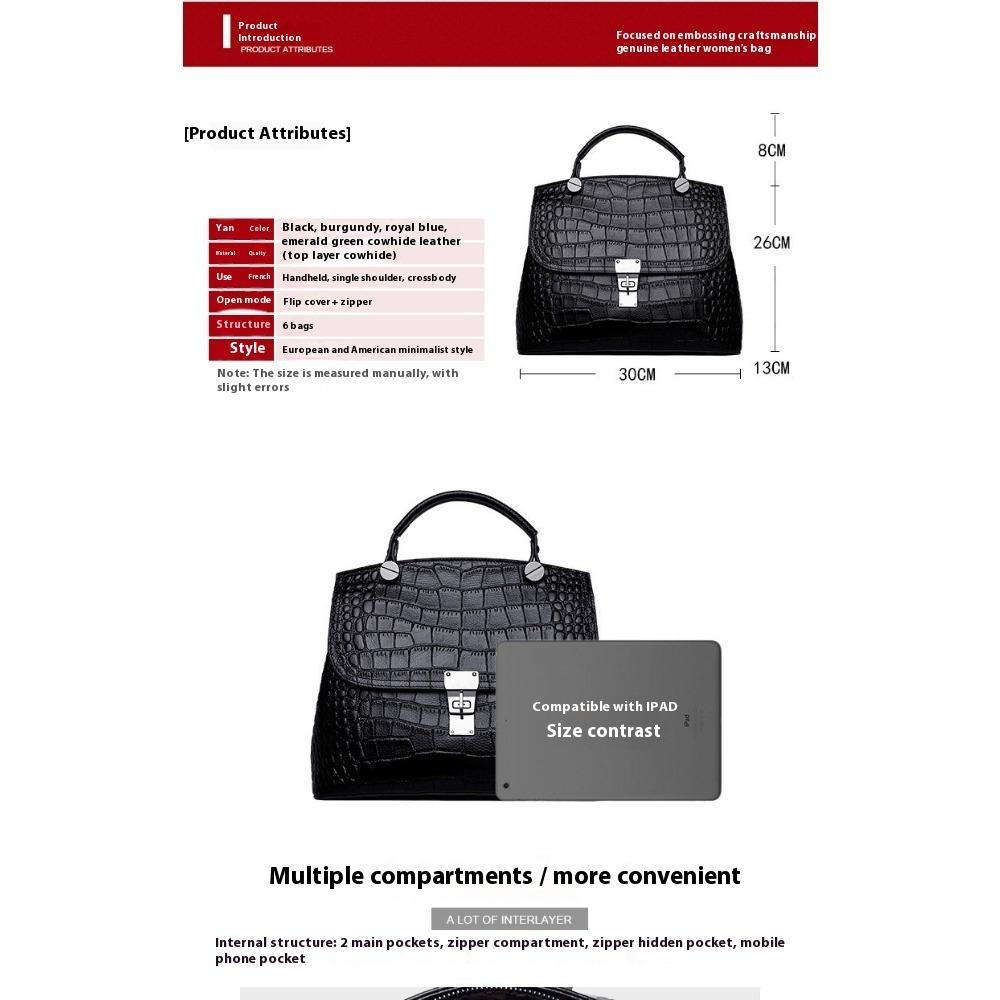 Large Capacity Single Shoulder Oblique Span Bag Crocodile Pattern Handbag Women's, Genuine Leather Women's Bag