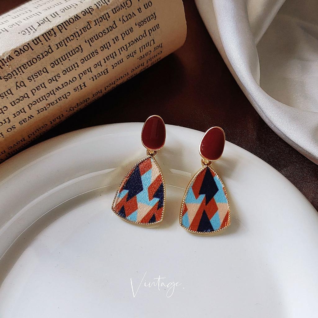 Literature and Art Hong Kong Style Color Splicing Flannel Geometric Earrings Contrasting Color Design Oil Drip Earrings Earrings