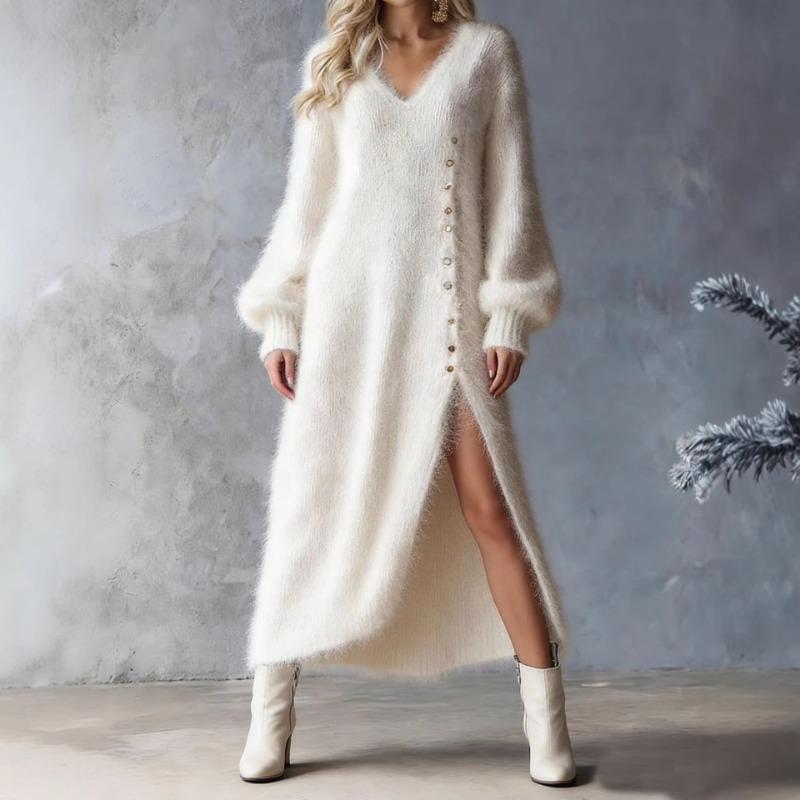 V Neck Loose Faux Fur Long Sleeve Slit Button Decor Dress