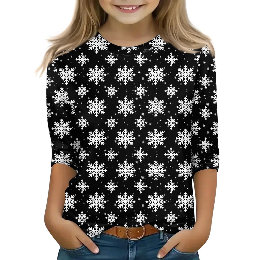 Christmas Day Print Tops For Youth Girls 5-16 Years Round Neck 3/4 Sleeves T-Shirts Trendy Tops Outfit Tees