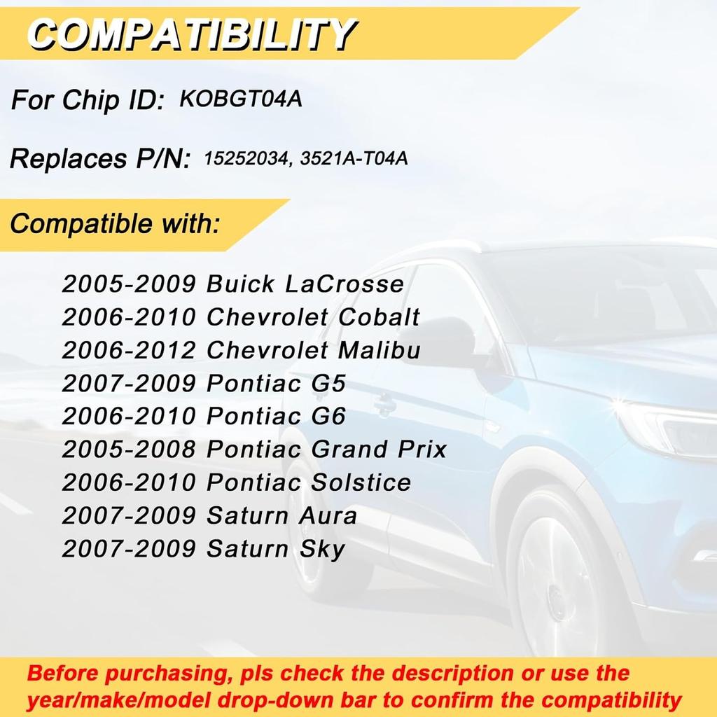 Key Fob for 06-10 Chevy Cobalt / 06-12 Malibu/ 07-09 G5 / 05-08 Grand Prix/ 05-09 Buick Lacrosse Car Keyless Remote, KOBGT04A, 4 Buttons, 2Pcs