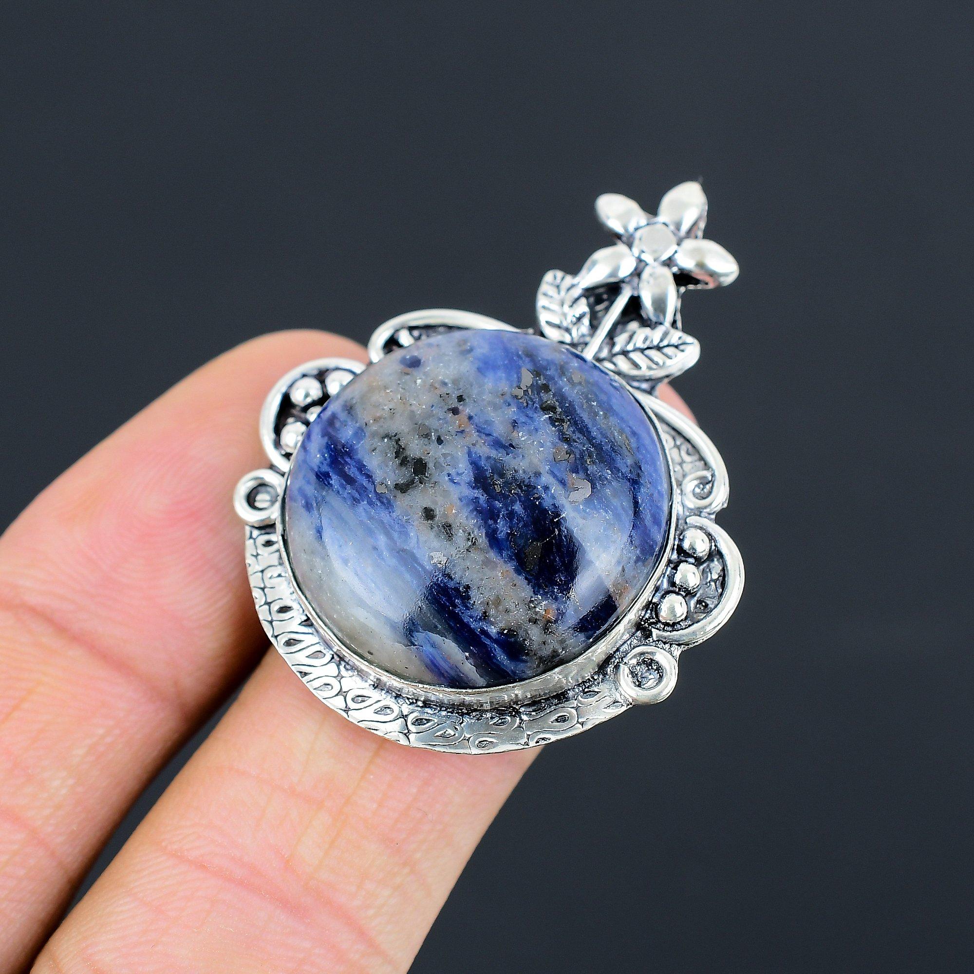 Sterling Silver Round Natural Sodalite Sister New Flower Statement Ring Size 6.5 6.5
