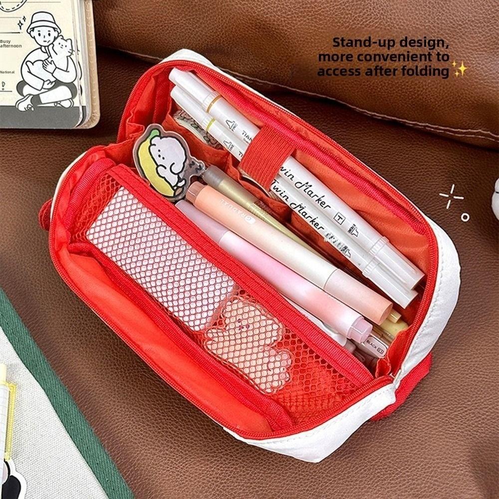 INS Pencil Storage Bag Can Stand Zipper Stationery Case Multi-layer Stationery Bag  Back To School