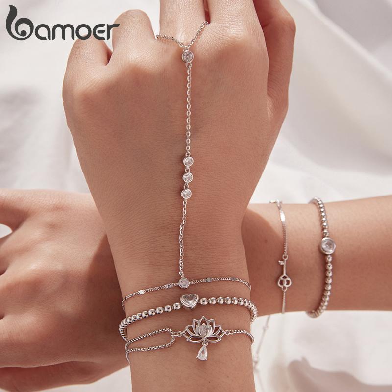 Bamoer 925 Sterling Silver Hollowed Heart Chain Bracelet Adjustable Key Lock Charm Link Chain for Women Minimalist Wrist Decor