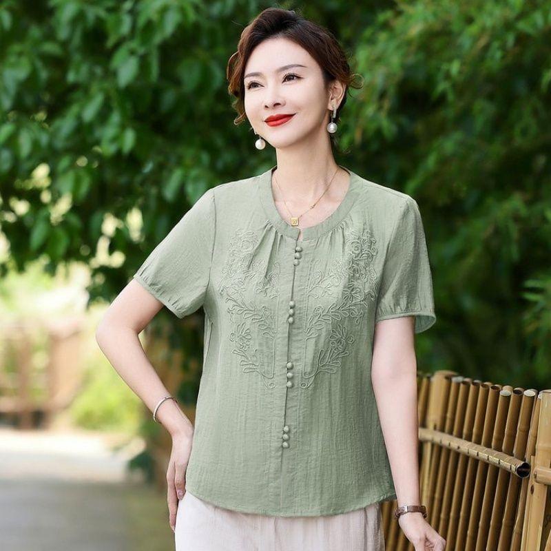 

2025 Новинка Лето Короткий рукав Рубашка в новом китайском стиле Комплект из двух предметов Одежда для мамы среднего возраста Западный стиль Хлопковый костюм из тенселя Женский Avocado Green [Tops]] 5XL