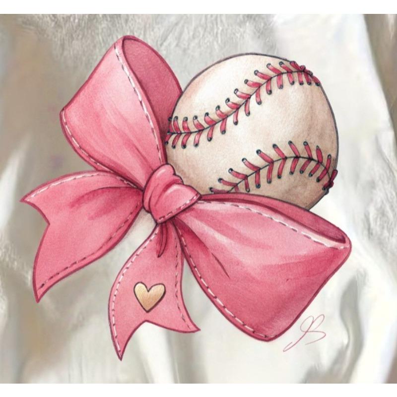 Kids Baseball Crewneck Tee, White Base Cute Pink Bow & Baseball Print Casual Daily Short Sleeve Top