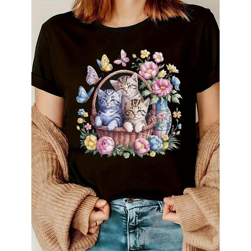 

European sizes Women S Casual Graphic Print T-Shirt - Short Sleeve Crew Neck, Adorable Kitten & Floral Design, Lightweight Polyester Top 4XL чорний
