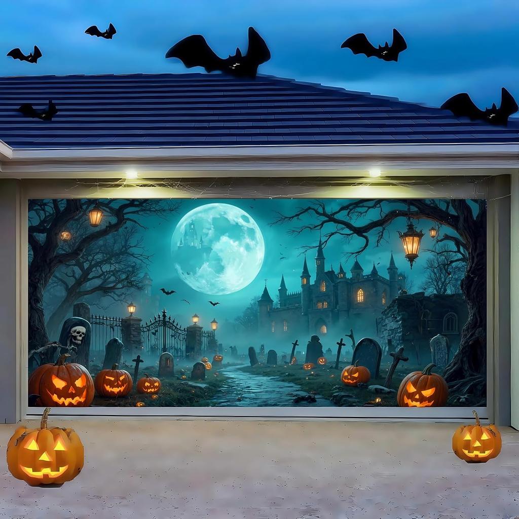 Halloween Garage Door Cover Banner, 16 X 7FT Large Hanging Backdrop Door Cover Horror Haunted Cemetery House Pumpkins Halloween Garage Wall