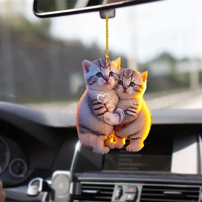 New 2d Acrylic Couple Cat Hanging Ornament Car Interior Decoration Keychain Gift