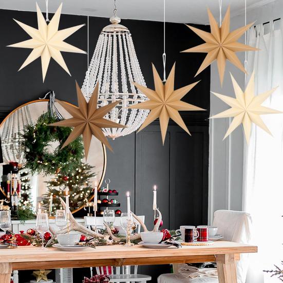 5Pcs Star Lanterns 12-Inch Paper Christmas Ornaments 9 Pointed Hanging Lamp Lampshades Vintage Farmhouse