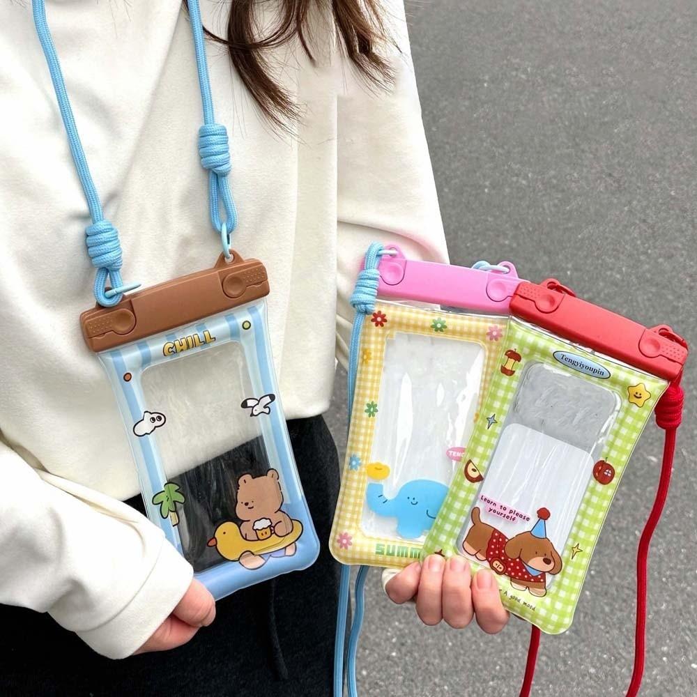 Adjustable Strap Waterproof Phone Pouch Cartoon Animal Printed Sealed Transparent Hanging Neck Bag PVC ABS Crossbody Dry Bag Men