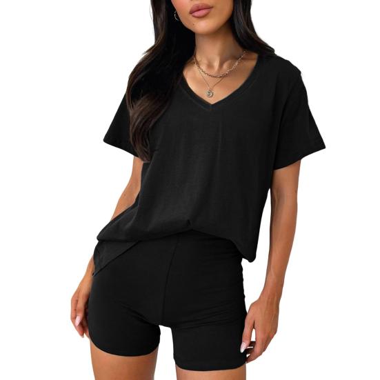 2 Pcs/Set Women T-shirt Shorts Set Suit V Neck Short Sleeves Solid Color Loose Top High Waist Mini Shorts Sport Outfit Casual Daily Tracksuit