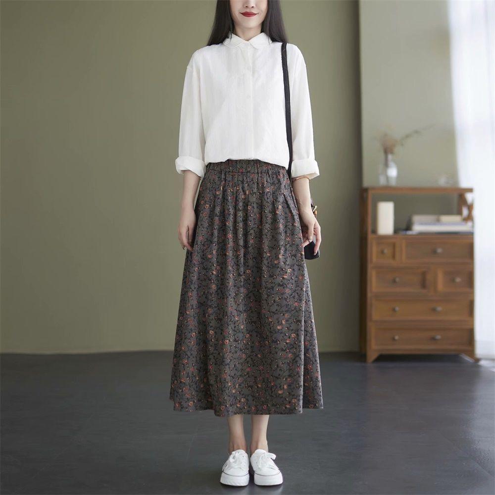 Artistic Retro Ethnic Style Small Floral Half Skirt Plus Size Women's Printed Medium Long A-line Skirt Summer