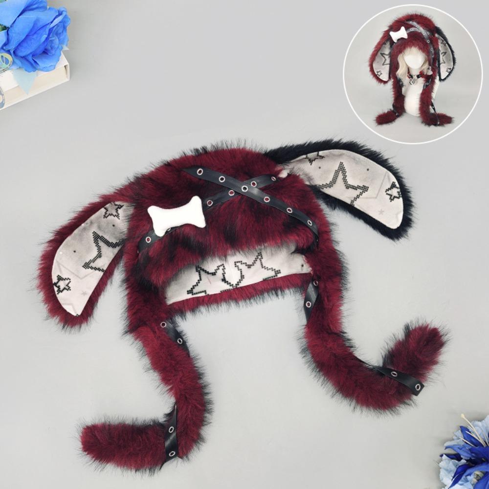 Punk Style Bunny Ear Hat Y2K Streetwear Star Print Ears New Design Faux Fur Hat