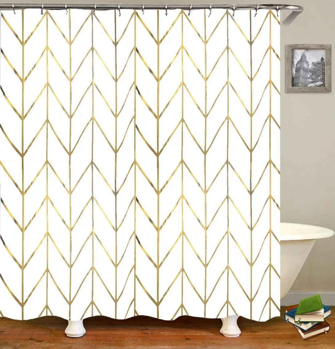 

Shower Curtain With Gold Chevron, Geometric Pattern, Gold Shower Curtain Hooks/Rings, White Fabric Bathroom Decor Golden Stripes W60H190(CM)-1 Pcs