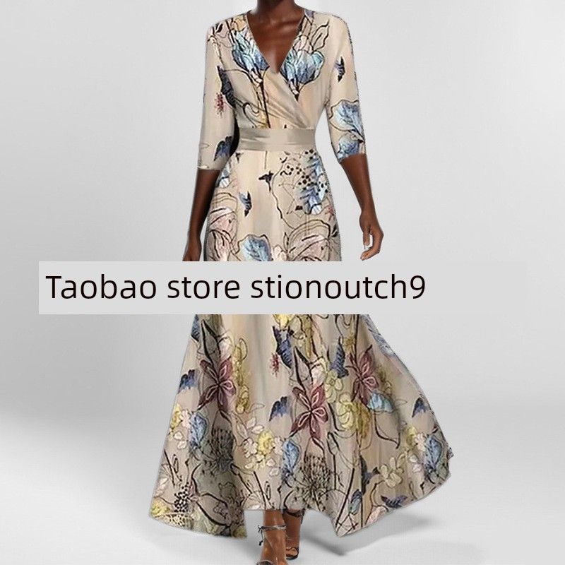 

2025 Elegant Temperament Printed Large Swing Dress Champagne L