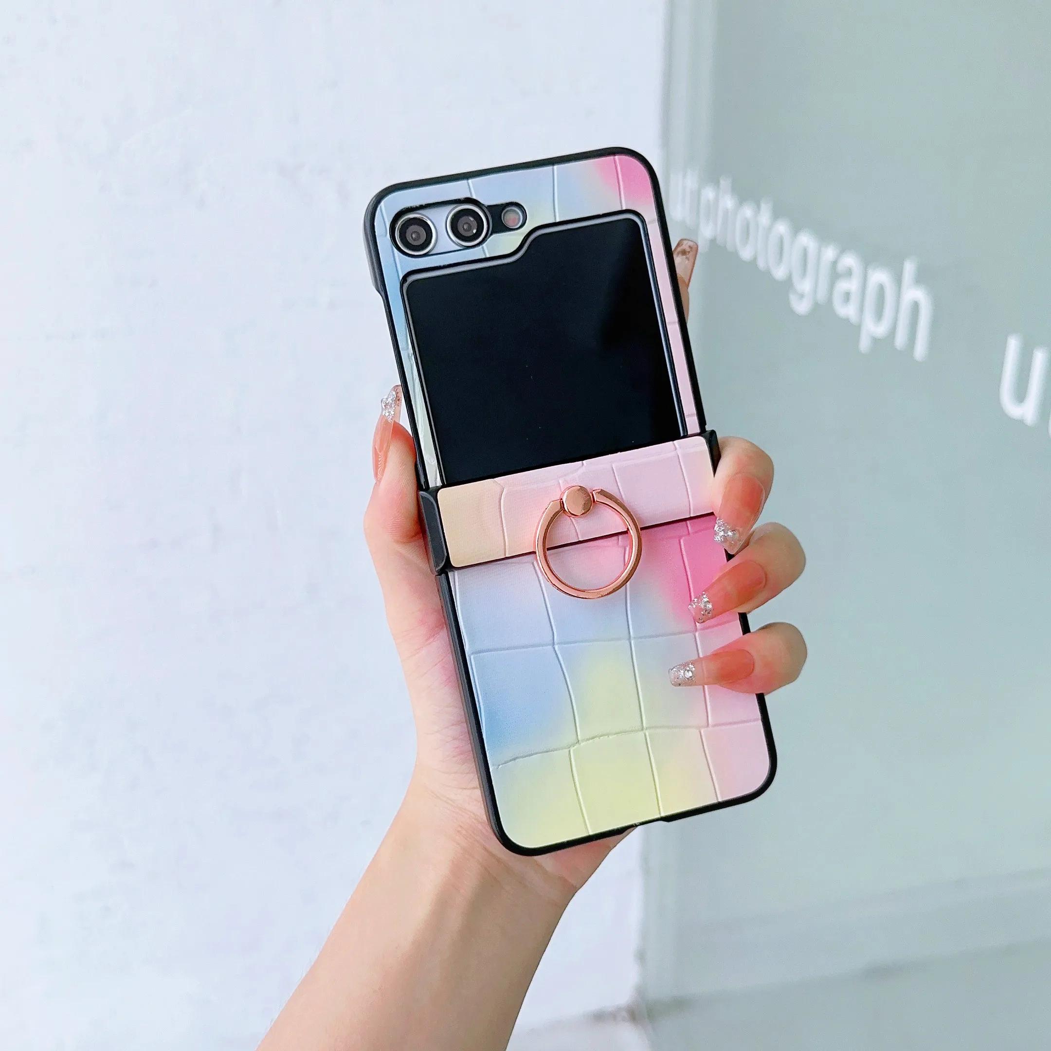 

Кожаное кольцо Градиентный цвет Защита от падений Чехол для телефона для Samsung Galaxy Z Flip 6 5 4 3 Flip5 Flip4 Flip3 5G Противоударный чехол Galaxy Z Flip6 синий