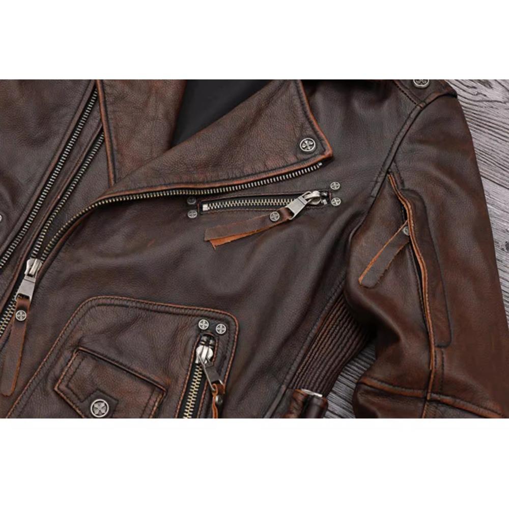 Chinese Size Heavy Motorcycle Jacket Natural Cowhide Leather Top Layer Brown Causal Vintage Retro Moto Suit Leather Coat Winter