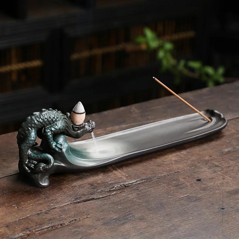 

1 шт. Керамические изделия ручной работы, счастливый дракон фэн-шуй, курильница с обратным потоком, держатель для благовоний, курильница, украшение для дома, офисный декор