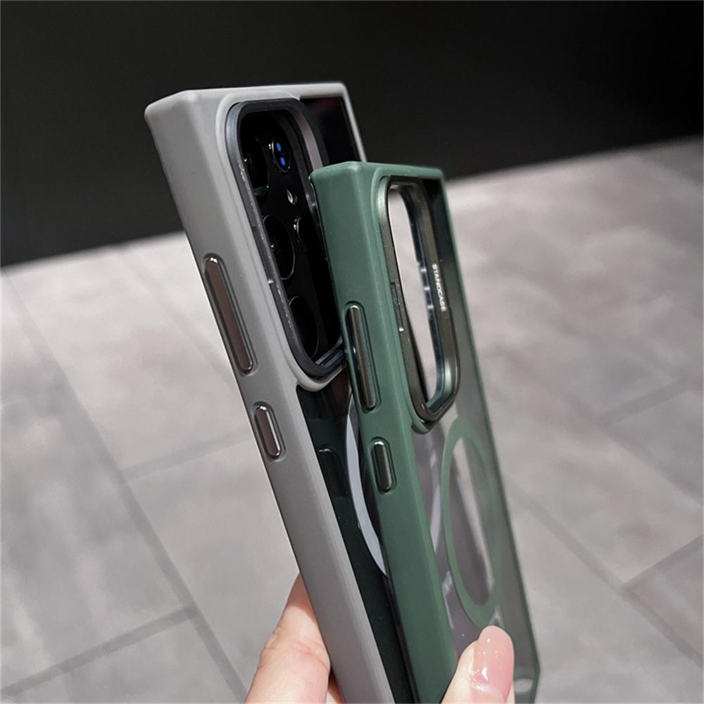 For Magsafe Transparent Magnetic Phone Case For Samsung S25 S24 S23 Ultra S22 Plus Luxury FoldLens Stand Holder Acrylic Cover